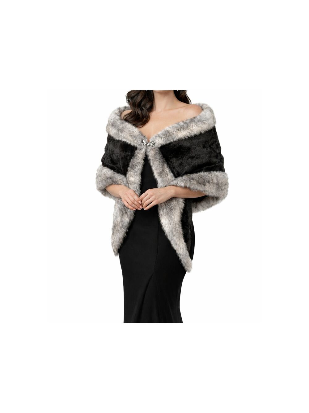 Caracilia Wrap Black Satin Faux Fur Snap Close Evening Wear Shawl Stole Snap Clo